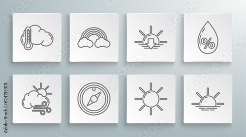 Set line Windy weather, Rainbow with clouds, rose, Sun, Sunrise, Sunset, Water drop percentage and Thermometer and icon. Vector