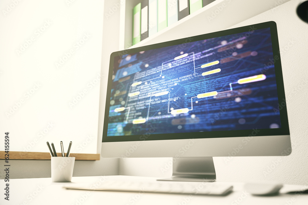 Modern computer screen with abstract graphic coding sketch, big data and networking concept. 3D Rendering