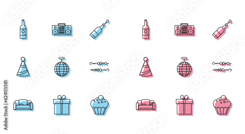Set line Sofa, Gift box, Beer bottle, Muffin, Disco ball, Grilled shish kebab, Party hat and Home stereo with two speakers icon. Vector