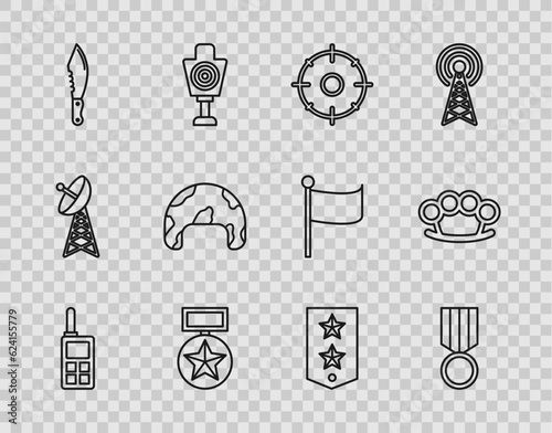 Set line Walkie talkie, Military reward medal, Target sport for shooting competition, knife, helmet, Chevron and Brass knuckles icon. Vector