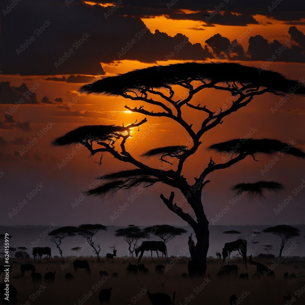 Kenya, Narok, Masai Mara National Park, African sunset landscape
