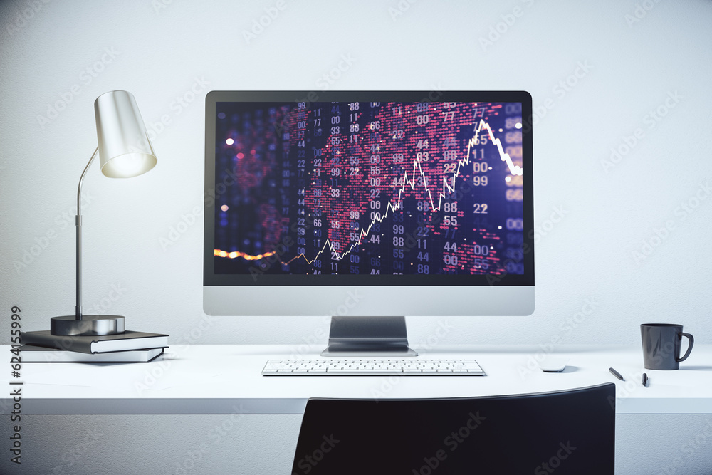 Modern computer screen with abstract creative financial chart with world map, research and analytics concept. 3D Rendering Modern computer screen with abstract creative financial chart with world map, research and analytics concept. 3D Rendering
