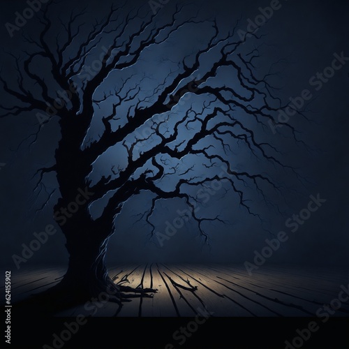 Old wood table and silhouette dead tree at night for Halloween background.