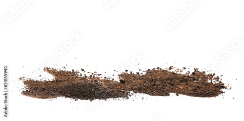 Pile dirt, soil scattered isolated on white, clipping path