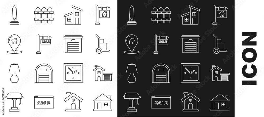 Set line House, Hand truck and boxes, Hanging sign with text Sale, Map pointer house, Washington monument and Garage icon. Vector Set line House, Hand truck and boxes, Hanging sign with text Sale, Map pointer house, Washington monument and Garage icon. Vector