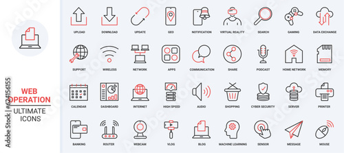 Upload, download and update data and geo location in mobile apps, cyber security of wireless network, virtual reality games. Web communication trendy red black thin line icons set vector illustration.