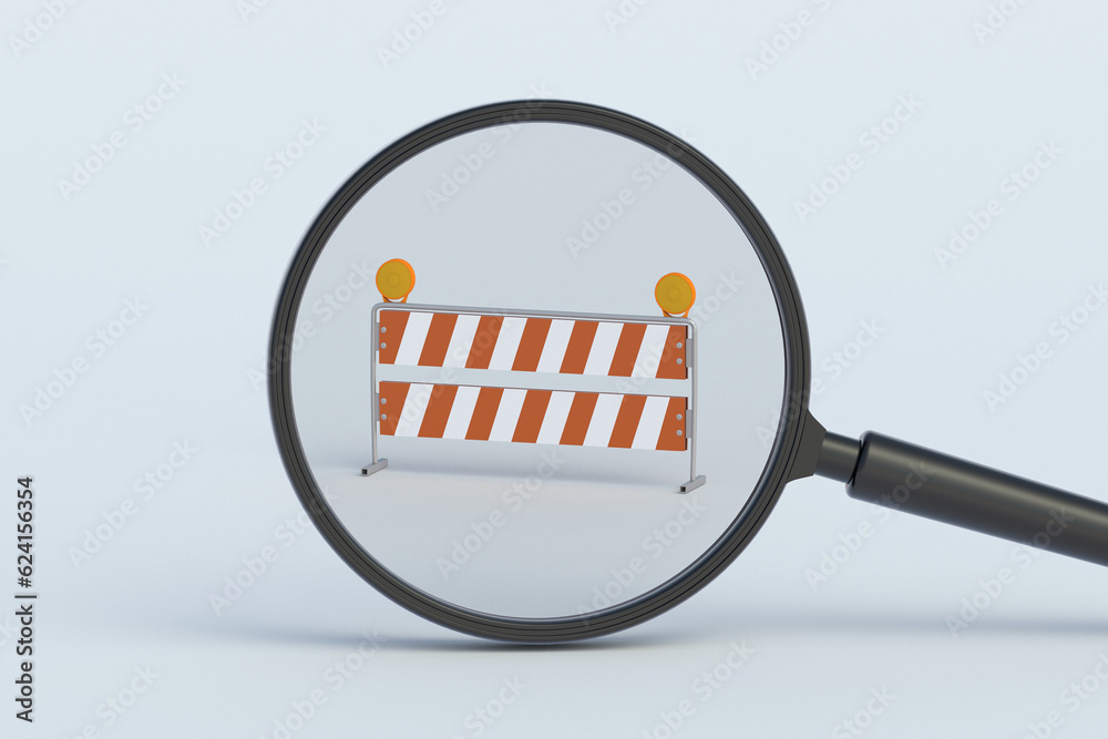 Road barrier behind magnifying glass. 3d render Road barrier behind magnifying glass. 3d render
