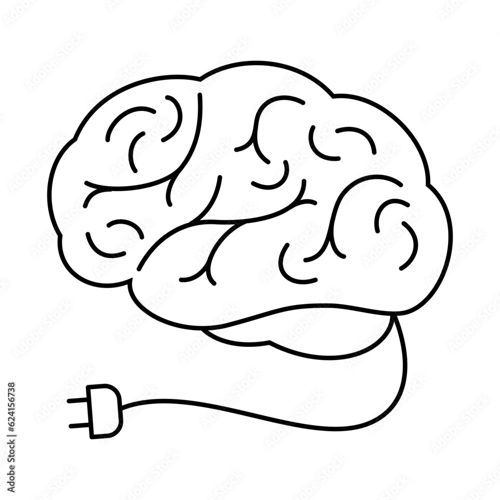 Brain and power cord. The concept of recharging the brain, energy, strength. Vector illustration icon isolated on white background. Brain and power cord. The concept of recharging the brain, energy, strength. Vector illustration icon isolated on white background.
