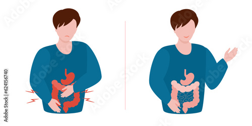 Man with belly pain and gut healing, how to improve your digestion and maintain healthy guts. Digestive internal organ.Vector illustration. Internal organs design element.