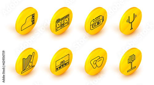 Set line Music stand, Guitar pick, Piano, Harp, Musical tuning fork, tape player, DJ remote playing mixing music and Grand piano icon. Vector