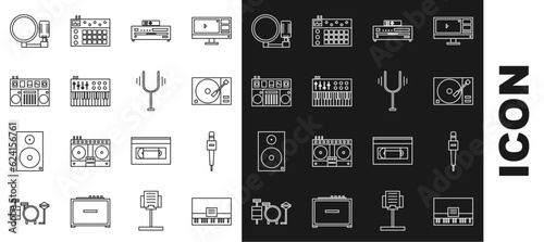 Set line Piano, Microphone, Vinyl player with vinyl disk, Music CD, synthesizer, DJ remote for playing and mixing music, and Musical tuning fork icon. Vector