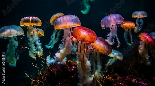 Jellyfish on a dark background. Generative AI 