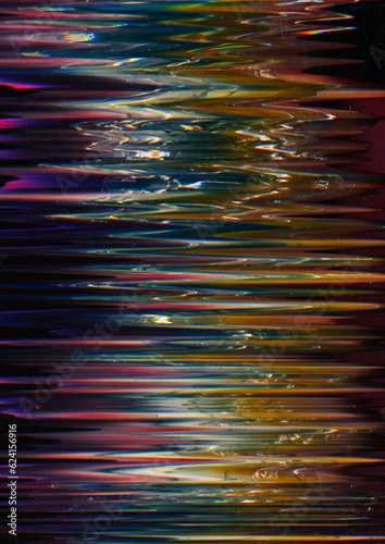 Glass distortion. Old film. Glitch noise. Colorful background with interference lines of gradient purple blue yellow blurred zigzag texture on black.