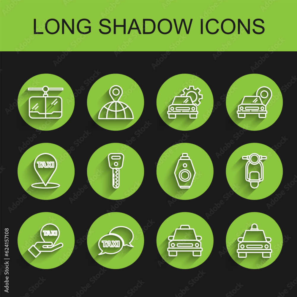 Set line Hand on map pointer with taxi, Taxi call telephone service, Cable car, Car key, Scooter and remote icon. Vector Set line Hand on map pointer with taxi, Taxi call telephone service, Cable car, Car key, Scooter and remote icon. Vector