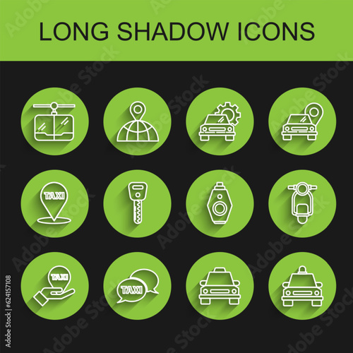 Set line Hand on map pointer with taxi, Taxi call telephone service, Cable car, Car key, Scooter and remote icon. Vector