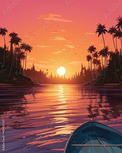 The painting depicts a sunset with palm trees and a boat. (Generative AI)