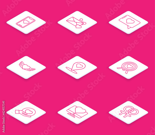 Set line Mobile phone with heart, Envelope, Like and, Heart wings, Map pointer, the center of darts target aim, hand and Computer monitor icon. Vector