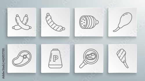 Set line Steak meat, Sausage, Pepper, in frying pan, Rib eye steak, Salami sausage, Chicken leg and Crossed icon. Vector