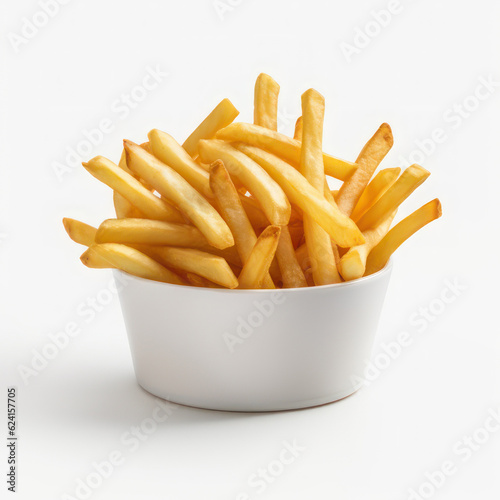French fries in a bowl on a white background. AI generative.