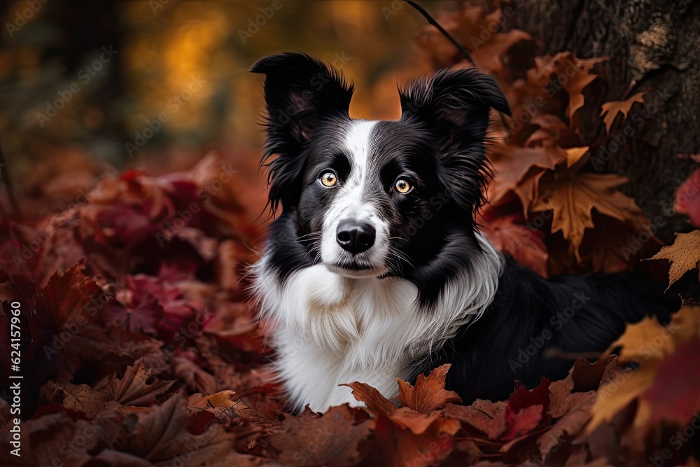 Border collie in the autumn leaves, Autumn season, Border collie in the autumn leaves, Autumn season,