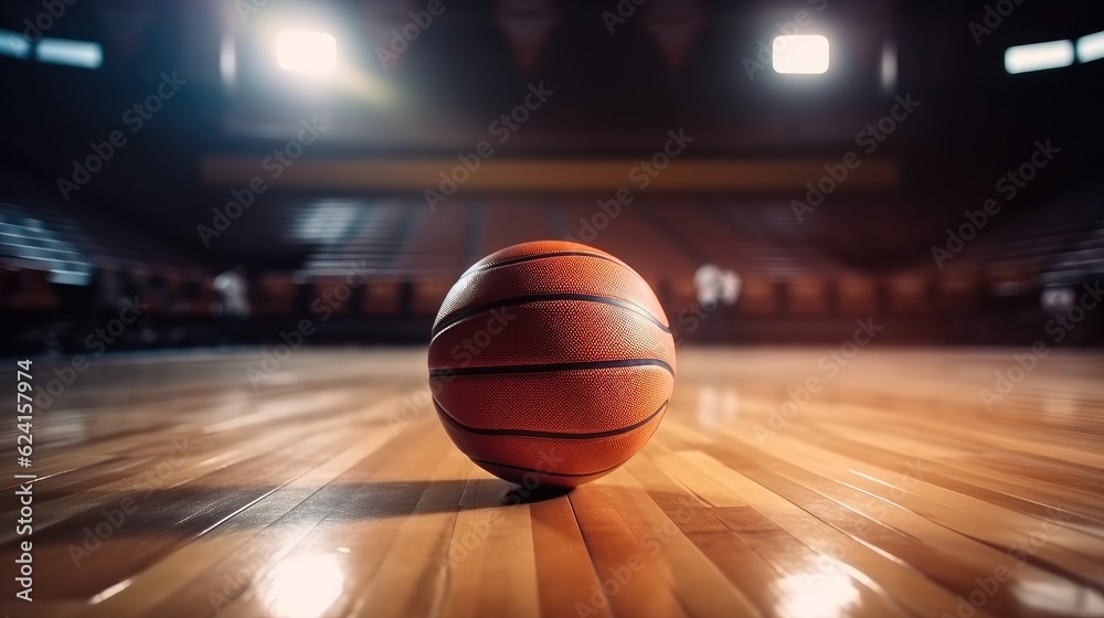 Basketball on a hardwood gym floor.