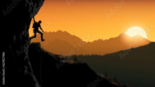 Silhouette of a climber on a cliff rock with mountains, Rock climber at sunset.