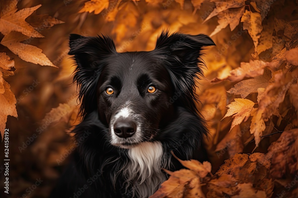 Border collie in the autumn leaves, Autumn season,