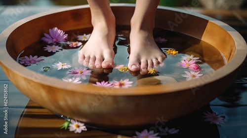Feet in water with flowers. Pedicure concept