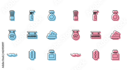 Set line Mustache, Blade razor, Shaving brush, Aftershave, Barbershop, gel foam, and Hairdresser pistol spray bottle icon. Vector