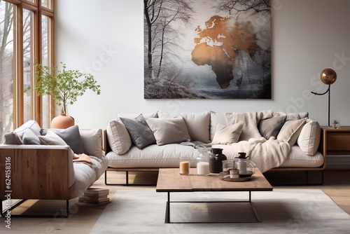 Fototapeta Naklejka Na Ścianę i Meble -  3d room interior design with geometric sofa and table generative ai