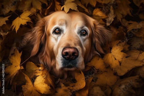 Golden retriever in the autumn leaves, Autumn concept, family petfriend concept photo