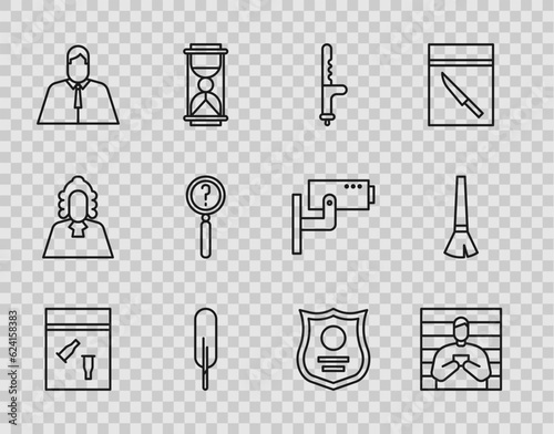 Set line Evidence bag and bullet, Suspect criminal, Police rubber baton, Feather pen, Lawyer, attorney, jurist, Magnifying glass with search, badge and Paint brush icon. Vector