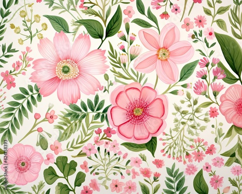 The image features a floral wallpaper with pink and green colors. (Generative AI)