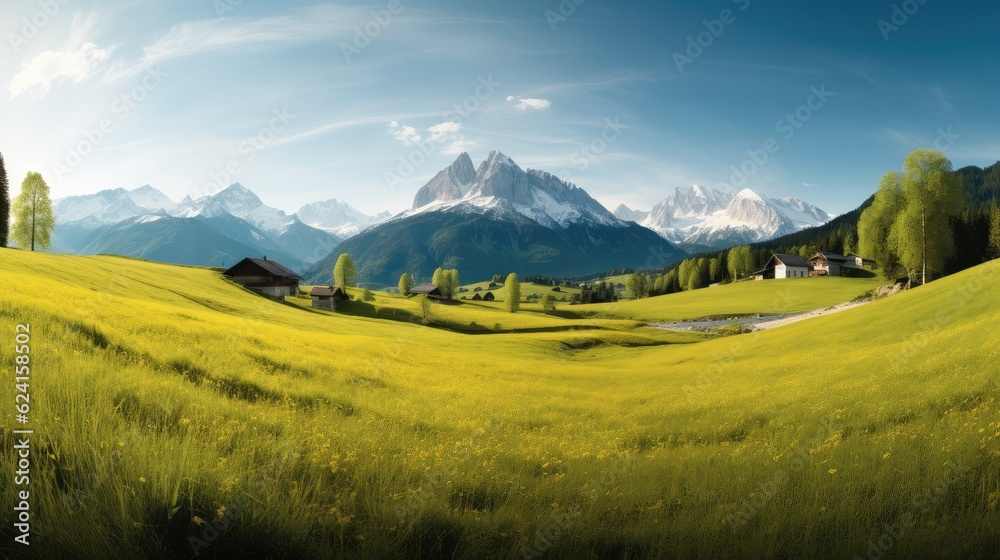 Fototapeta premium Idyllic mountain landscape in the Alps with blooming meadows on a beautiful sunny day springtime.