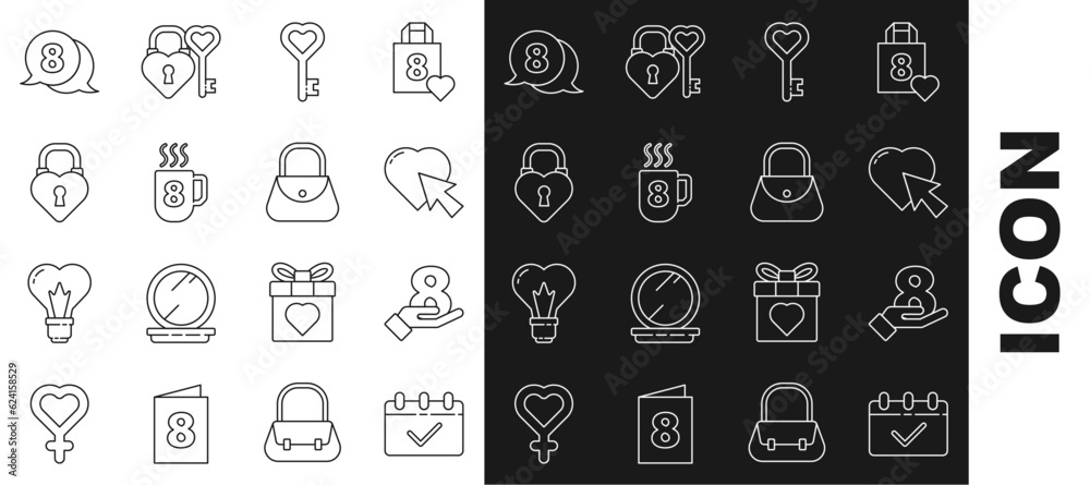 Set line Calendar with 8 March, on hand, Heart cursor click, Key in heart shape, Coffee cup, Castle the, speech bubble and Handbag icon. Vector Set line Calendar with 8 March, on hand, Heart cursor click, Key in heart shape, Coffee cup, Castle the, speech bubble and Handbag icon. Vector