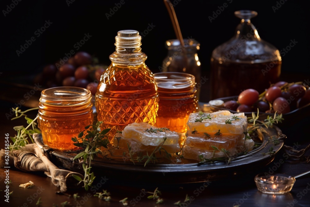 A jar of honey is surrounded by a field and a butterfly. generative ai