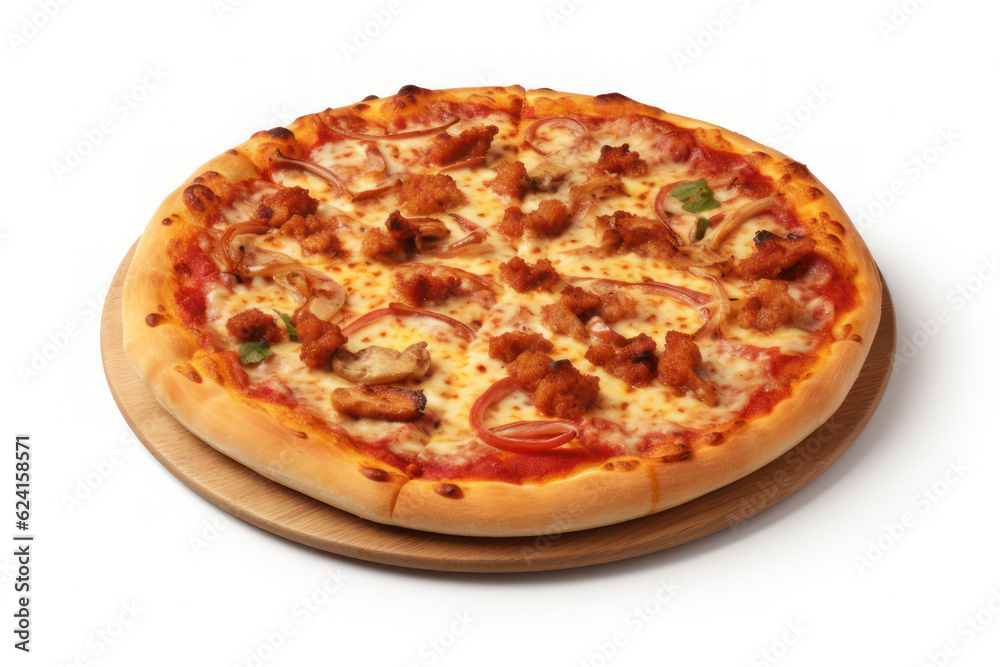 Pizza with meat isolated on white background. AI generative.