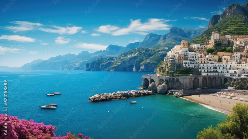 Fototapeta premium Landscape with Atrani town at famous amalfi coast, Morning view, Italy.