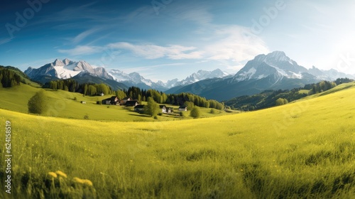 Idyllic mountain landscape in the Alps with blooming meadows on a beautiful sunny day springtime.