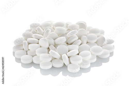 A pile of tablets isolated on a white background. Close-up