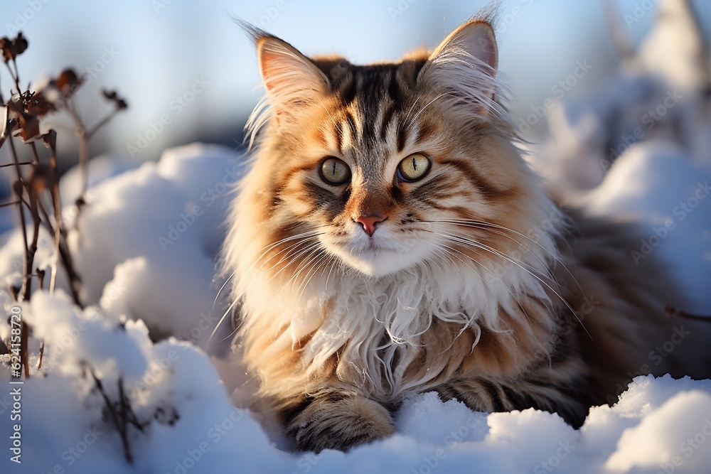 american forest cat sit on snow in white snowy forest. generative ai