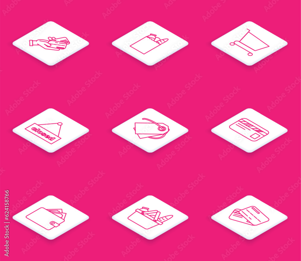 Set line Human hand holding with credit card, Shopping cart, Hanging sign text Closed, Blank label template price tag, Credit, Wallet stacks paper money cash and basket icon. Vector Set line Human hand holding with credit card, Shopping cart, Hanging sign text Closed, Blank label template price tag, Credit, Wallet stacks paper money cash and basket icon. Vector