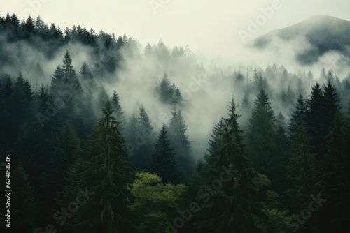 Misty landscape with fir forest, Foggy trees in morning light. © visoot