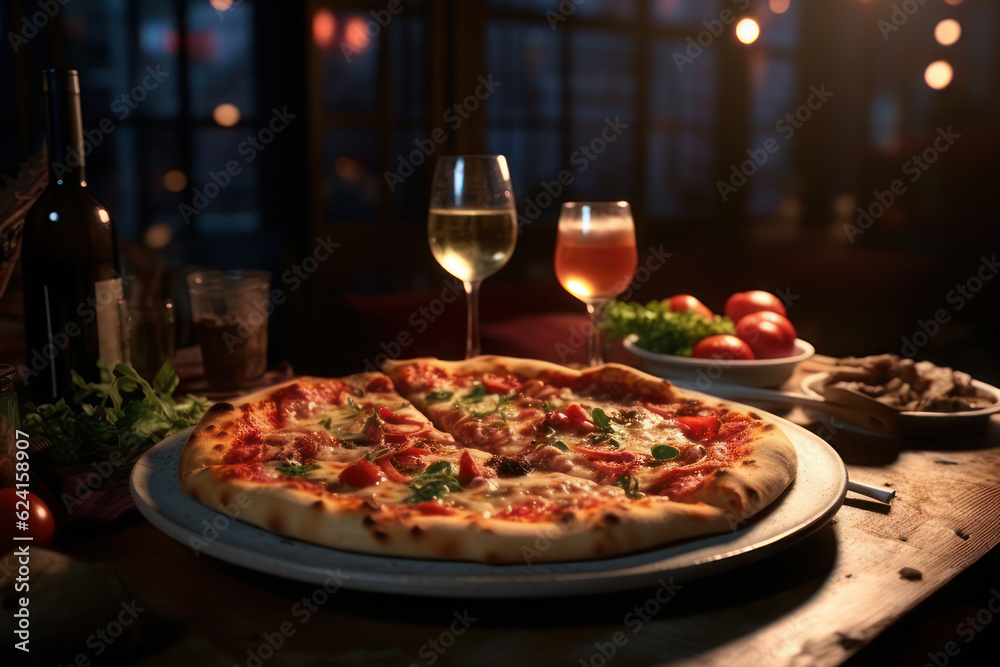 Pizza and glasses with wine on the table in the restaurant. AI generative.