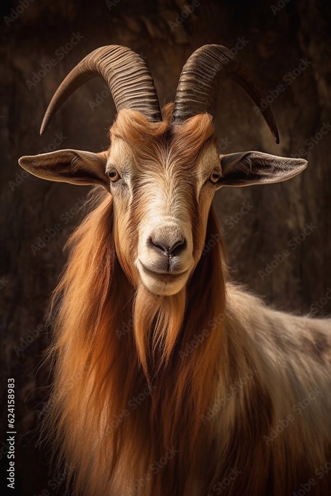 close up herd of cute white brown fluffy goat with horns standing on black background. generative ai