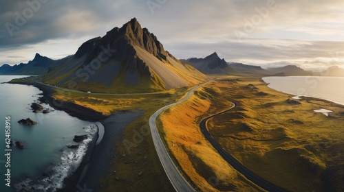 scenic road with mountains and coast at sunset  Beautiful nature landscape aerial view.