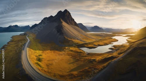 scenic road with mountains and coast at sunset, Beautiful nature landscape aerial view.