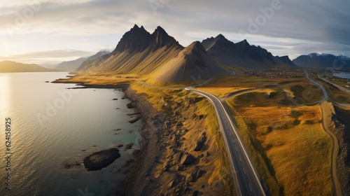 scenic road with mountains and coast at sunset, Beautiful nature landscape aerial view.