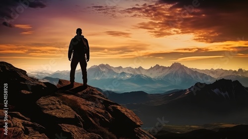 Success and goal achievement, Young man tourist with backpack relaxing on top rock. © visoot