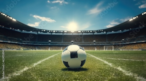 Soccer ball on green grass at soccer stadium. © visoot